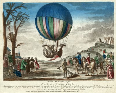 Globo Aerostático, dedicado a Monsieur Charles, pub. 1783 (grabado coloreado a mano) de French School